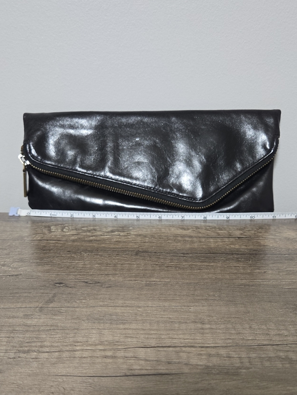 HOBO Black Fold-Over Leather Clutch with Diagonal Zip